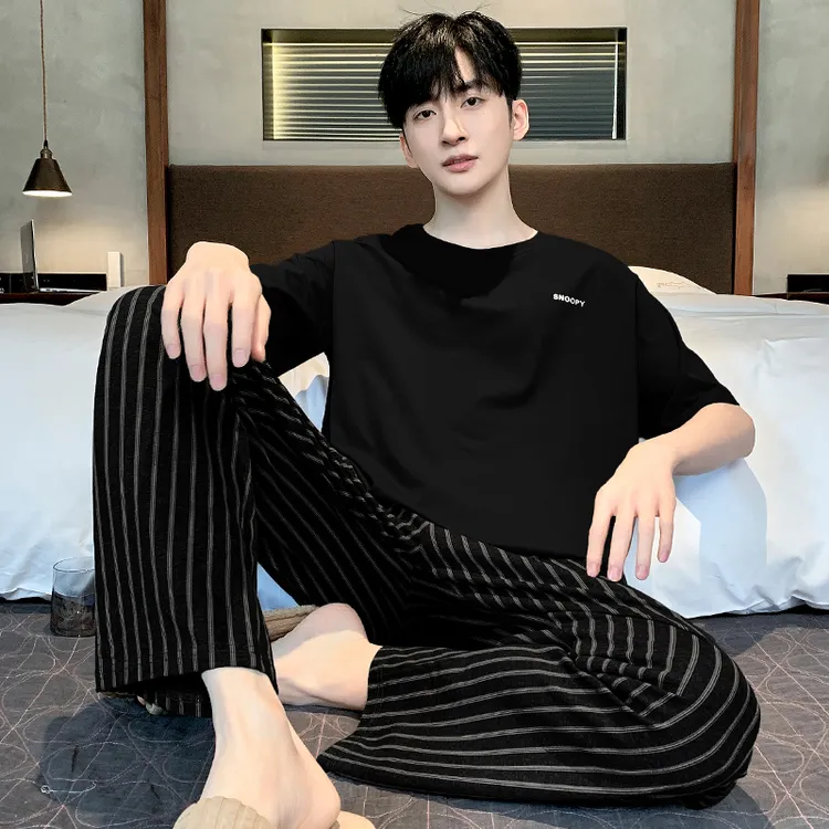 夏季时尚男士短袖长裤睡衣莫代尔休闲宽松薄款可外穿夏天男家居服