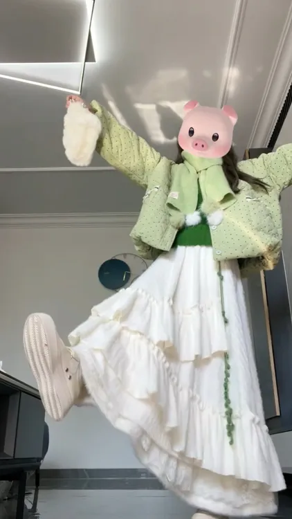 秋冬穿搭一整套韩系波点保暖棉服外套叠穿绿色针织上衣蕾丝半身裙