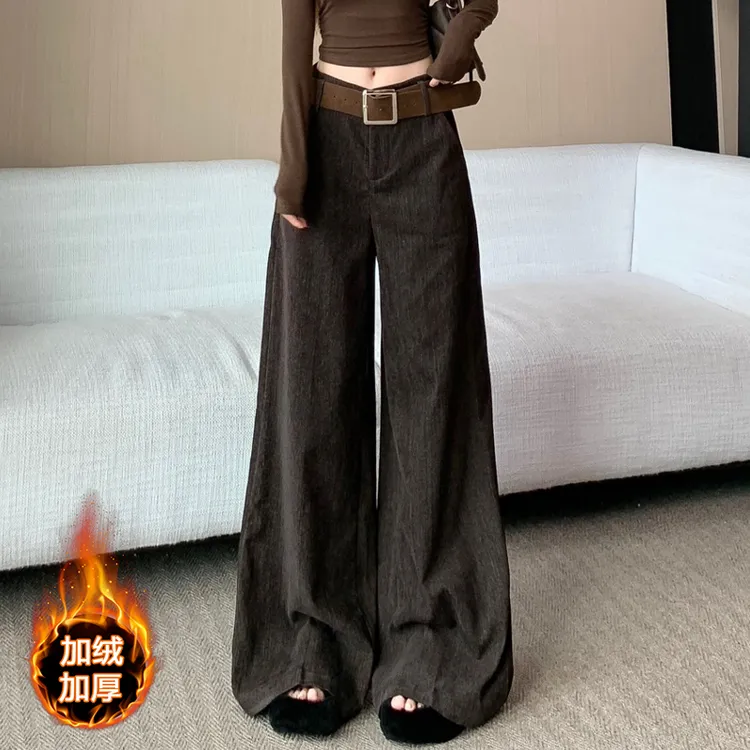 复古咖色雪尼尔直筒裤女秋冬加绒加厚时尚宽松显瘦垂感休闲阔腿裤