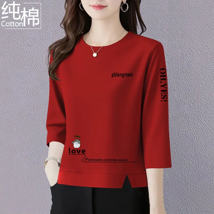 纯棉七分袖t恤女中年妈妈装夏季新款洋气宽松显瘦遮肚上衣女体恤