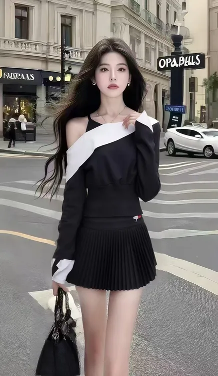 新款时尚韩版辣妹风斜领长袖设计感上衣+黑色百褶半身裙小众套装