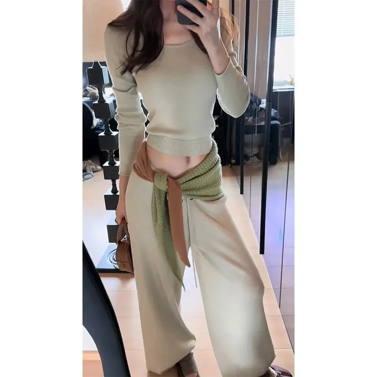 早秋独特超好看时髦时尚洋气小香风休闲纯色针织t恤阔腿裤套装女