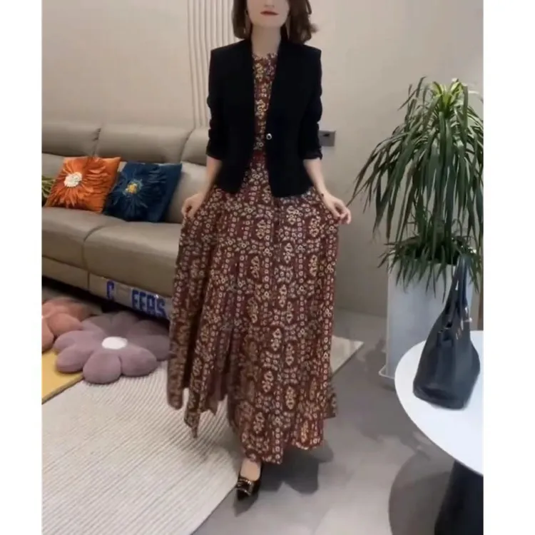 新款无袖长款连衣裙长袖西服外套时尚大码套装