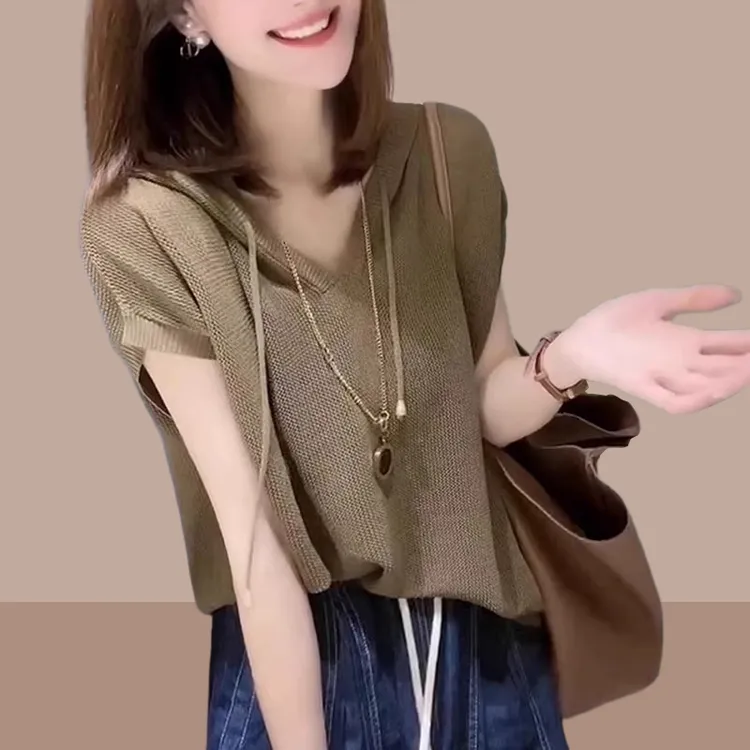 2025夏装新款短袖t恤女士连帽冰丝针织衫女薄款宽松显瘦纯色上衣