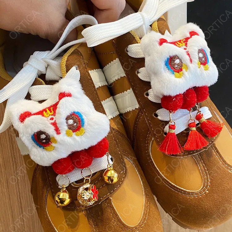 可爱新年国风毛绒醒狮卡通鞋扣挂件可拆卸DIY节庆鞋花装饰配件潮