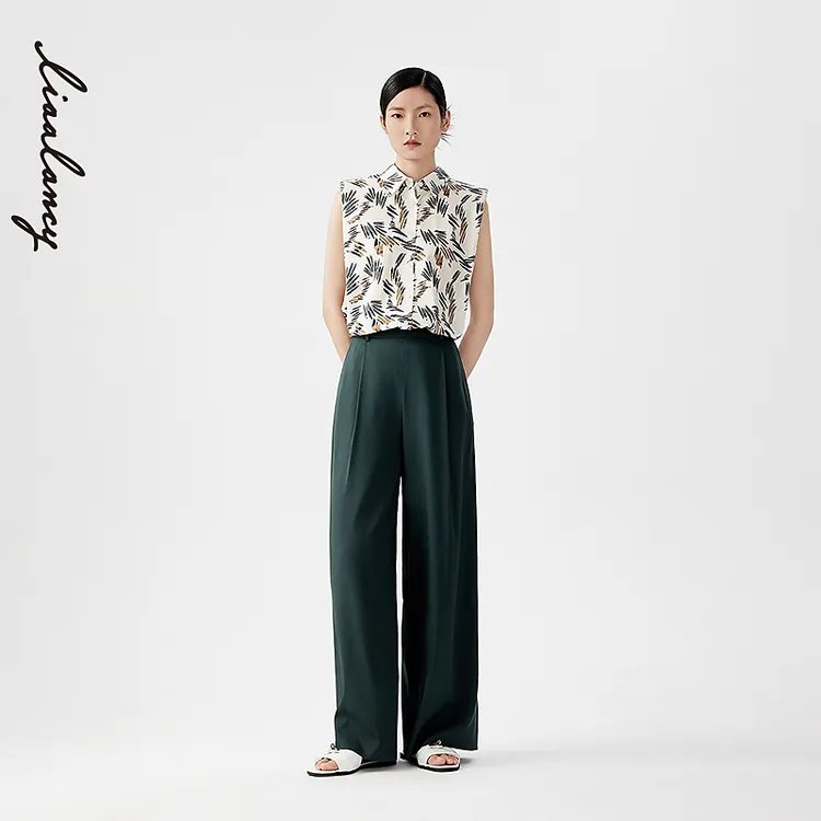 LANCY/朗姿2024夏季新款无袖真丝印花衬衫女长款宽松法式品牌衬衣