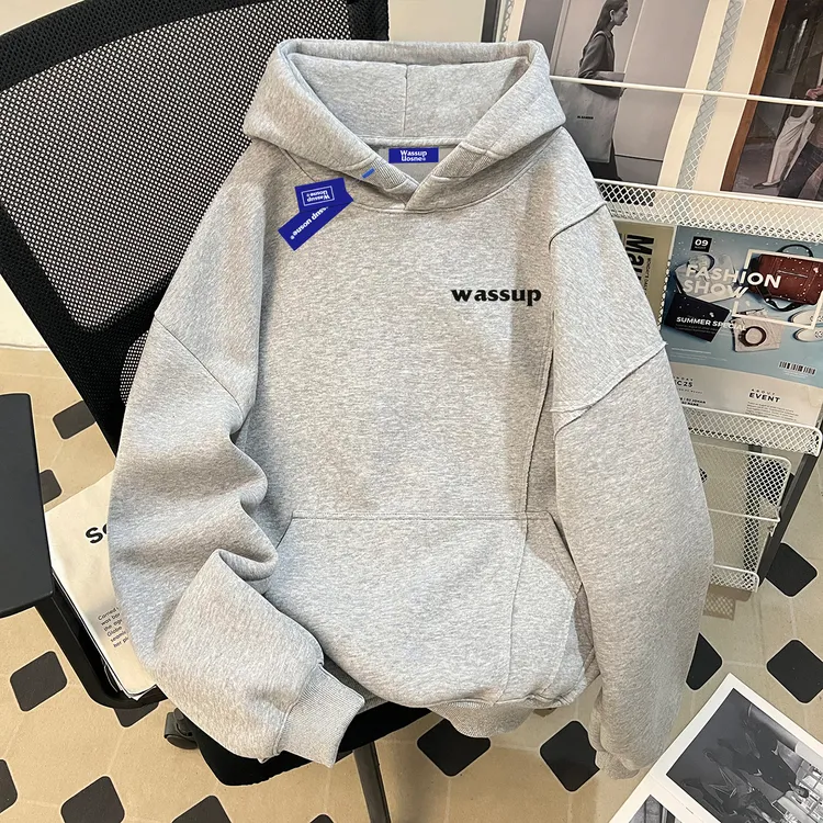 WASSUP UOSNE潮牌高街大码连帽卫衣男秋季网红洋气百搭拼接上衣服