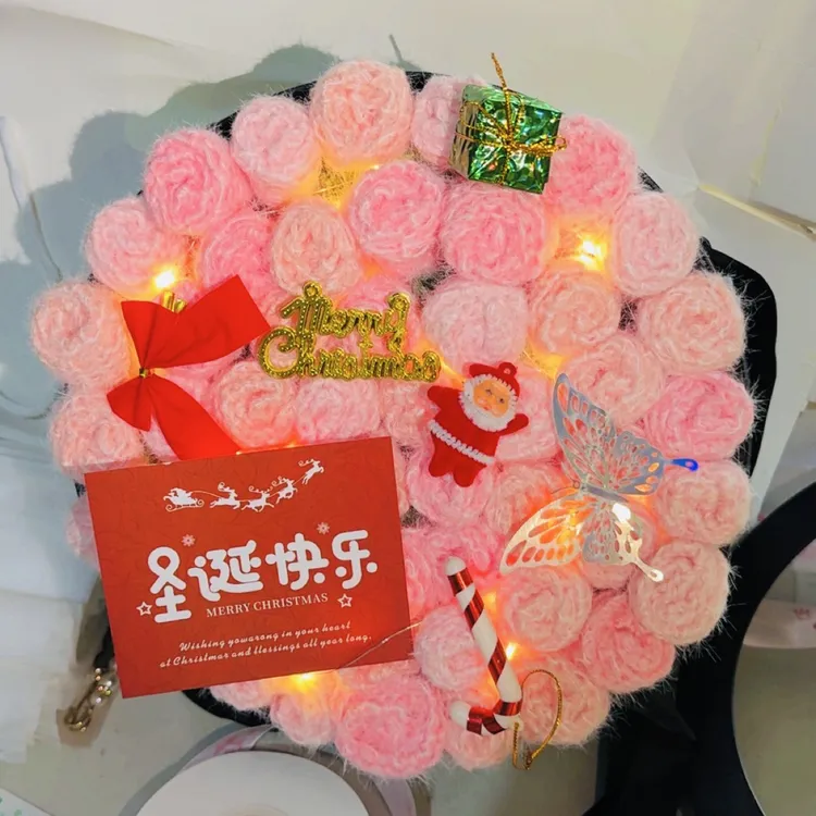 【圣诞主题】成品粉色渐变玫瑰花束毛毯手工编织送女友闺蜜节日礼物