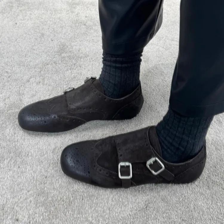 羊皮版~皮带扣擦色复古英伦风女乐福鞋真皮百搭布洛克平底小皮鞋