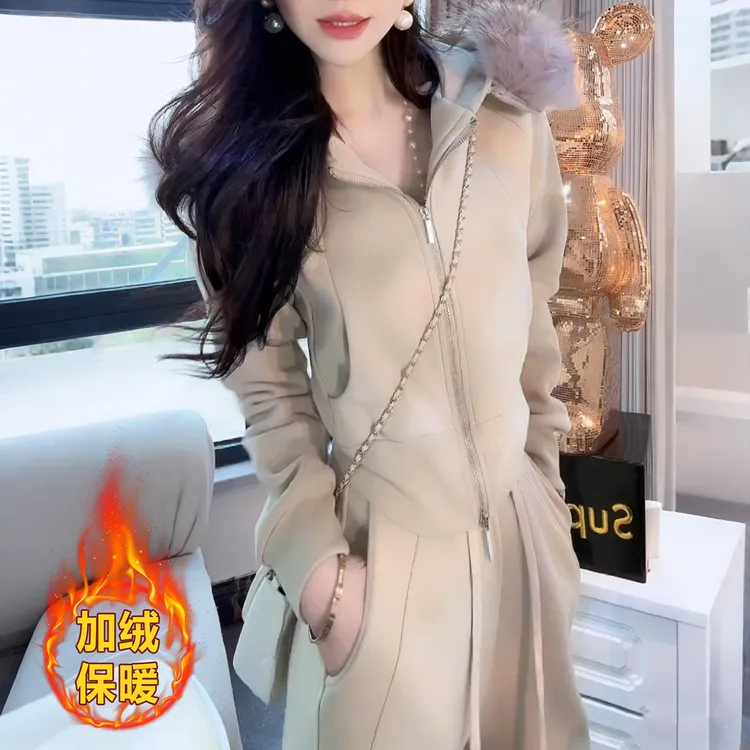 韩系时尚毛毛领连帽卫衣外套直筒裤加绒套装女巨好看的两件套冬装