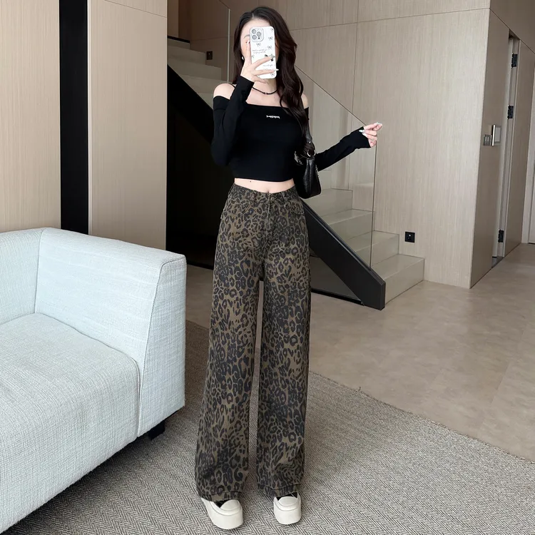 小个子定制美式复古豹纹裤秋冬加厚高腰直筒松弛感阔腿牛仔裤