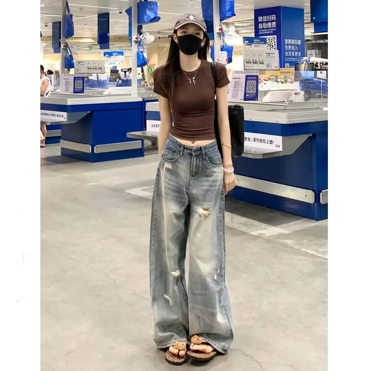 高个子加长美式复古破洞牛仔裤女2025秋季新款直筒拖地宽松阔腿裤