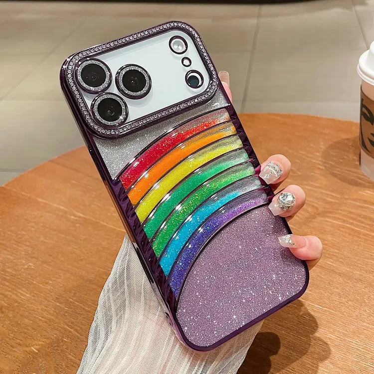 炫彩七彩虹适用iPhone17ProMax手机壳渐变闪粉15苹果16自带镜头膜