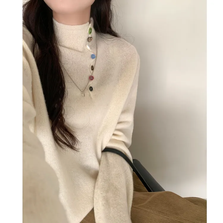 韩系甜美彩扣全毛半高领软糯好穿针织衫秋冬新显瘦洋气打底毛衣