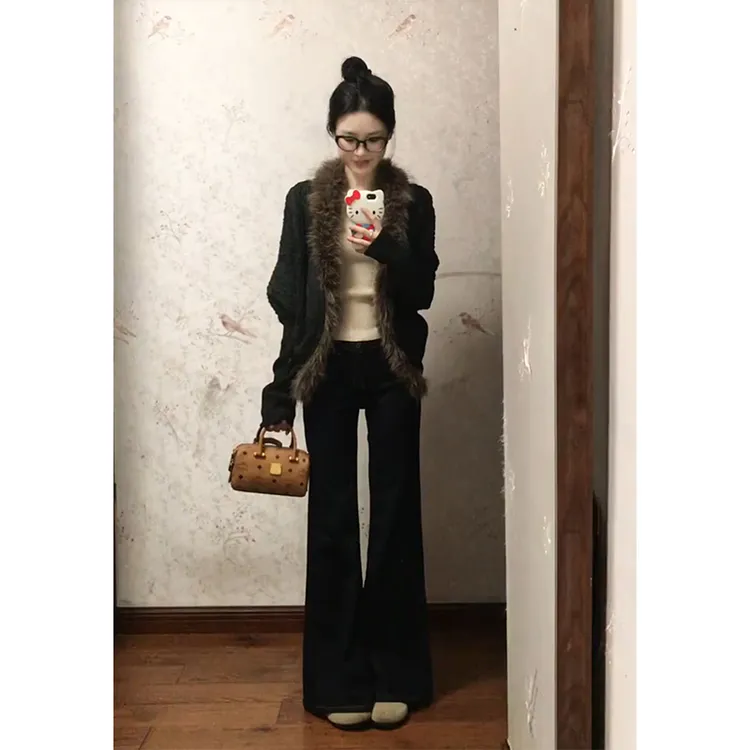 parkyeon秋冬新款韩系千金风蝙蝠袖毛领针织外套微喇休闲裤套装
