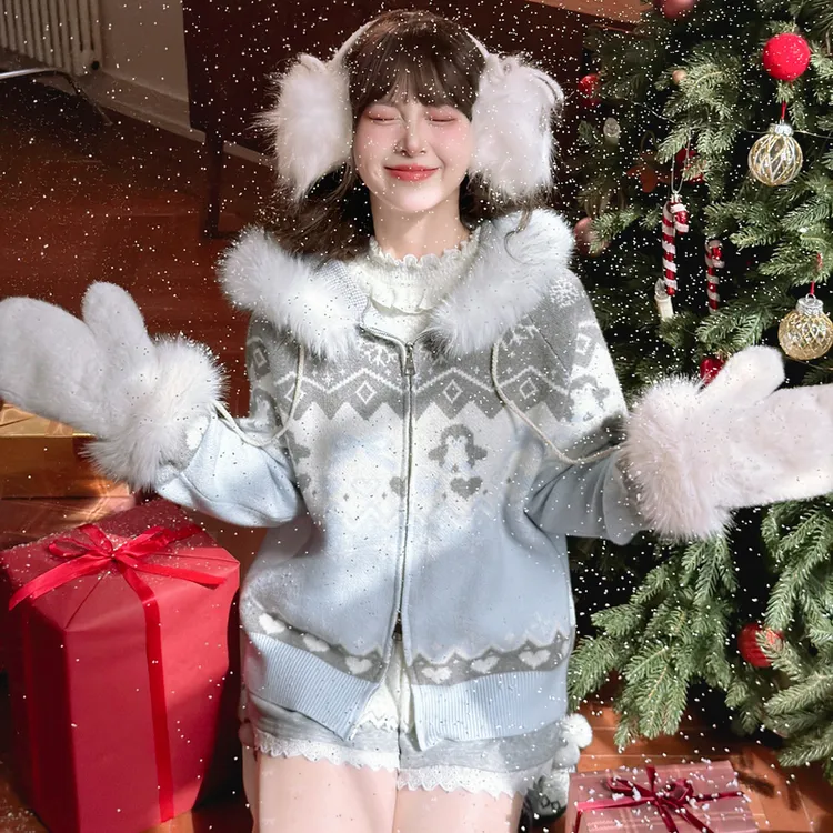 森女部落仿貂毛费尔岛雪花针织外套冬宽松甜美新款百搭宽松毛衣女