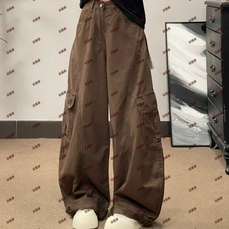 70873秋季阔腿牛仔裤欧美风复古做旧高街宽松设计感潮流美式水洗.