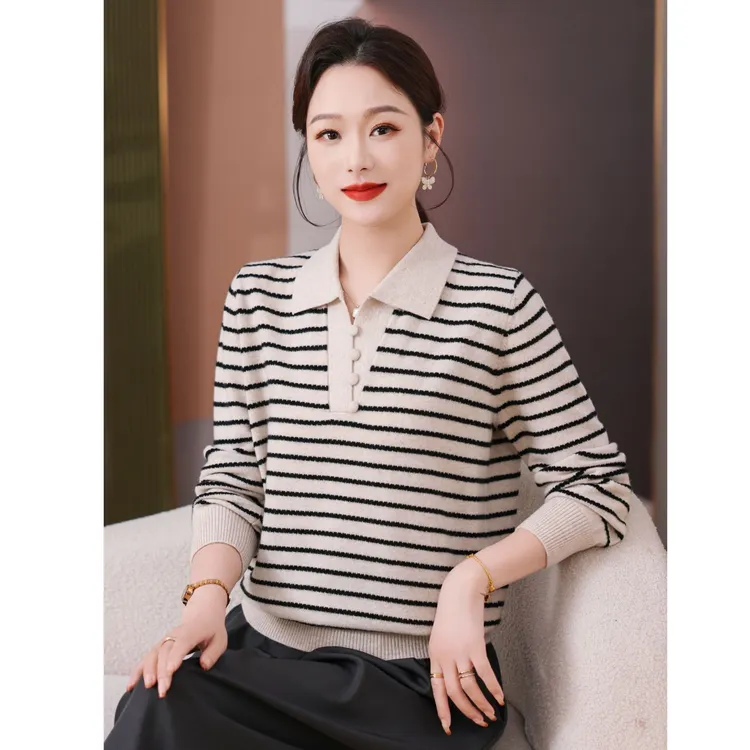 100%绵羊毛时尚妈妈装POLO领夹条针织衫羊毛衫上衣女