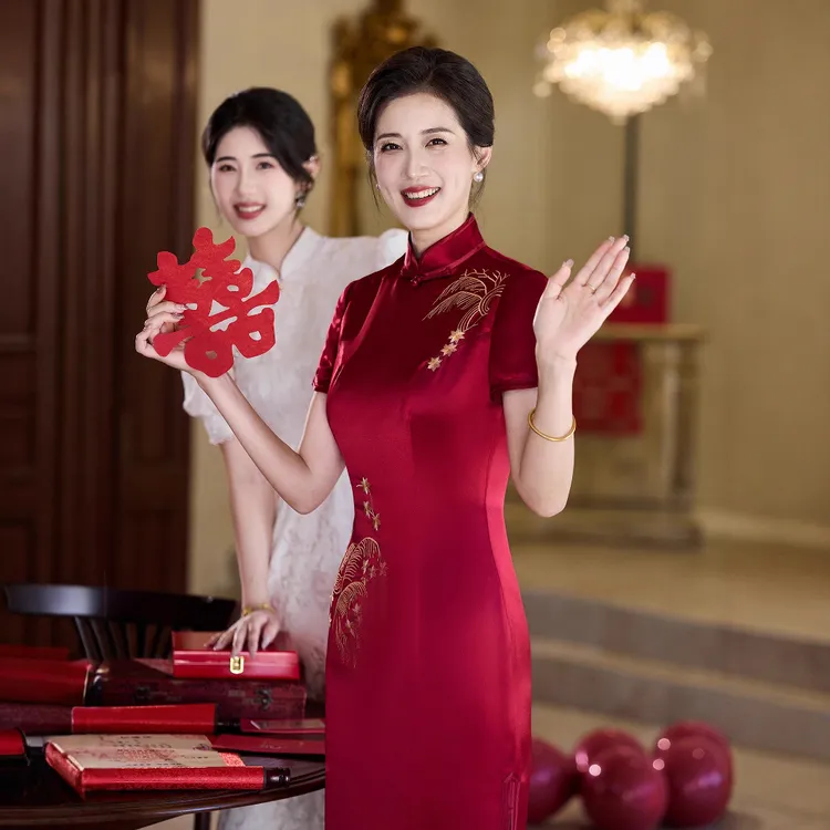 高端醋酸婚宴改良旗袍裙夏季气质优雅时尚显瘦喜婆婆宴会敬酒礼服
