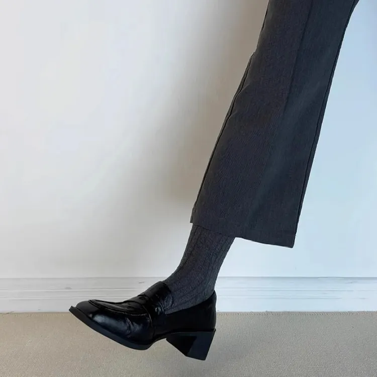 绝美版~复古通勤皮面方头粗跟乐福鞋女一脚蹬小皮鞋黑色中跟单鞋