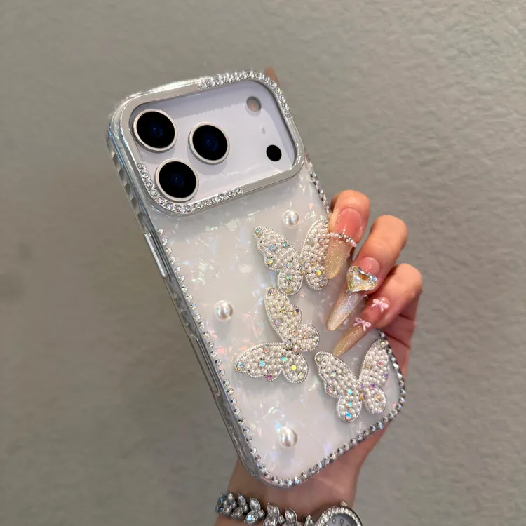 新款珍珠蝴蝶适用苹果17promax手机壳iPhone16轻奢15个性14闪钻13