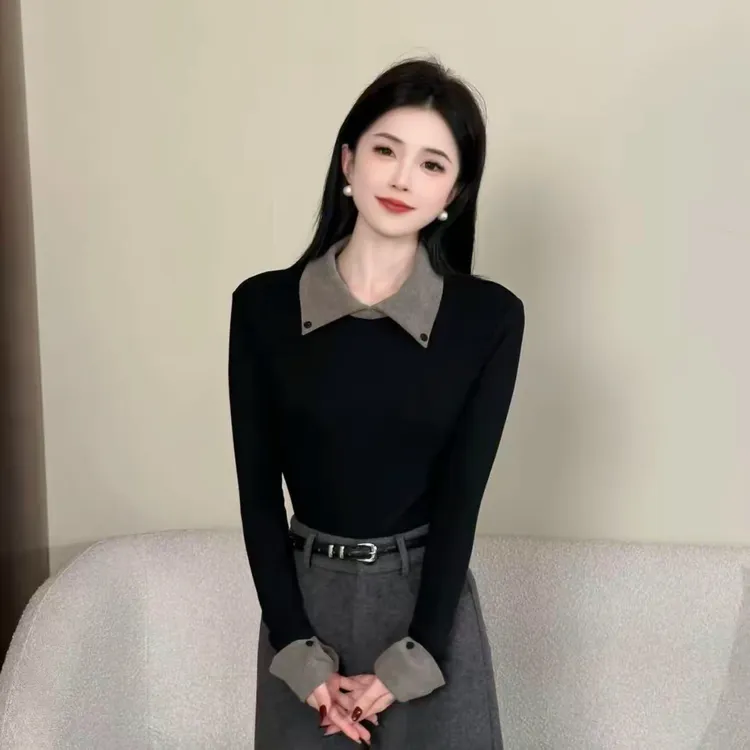 设计感翻领拼接长袖T恤女秋冬加绒加厚打底衫上衣