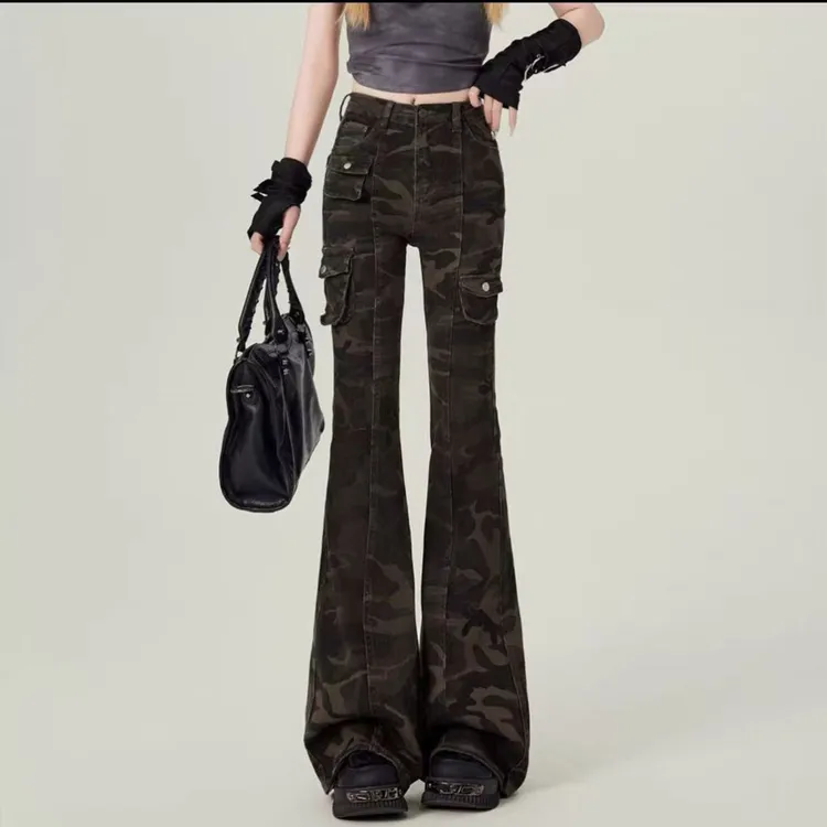 迷彩牛仔微喇裤2025秋季新款显高显瘦潮酷显高显瘦喇叭裤9515
