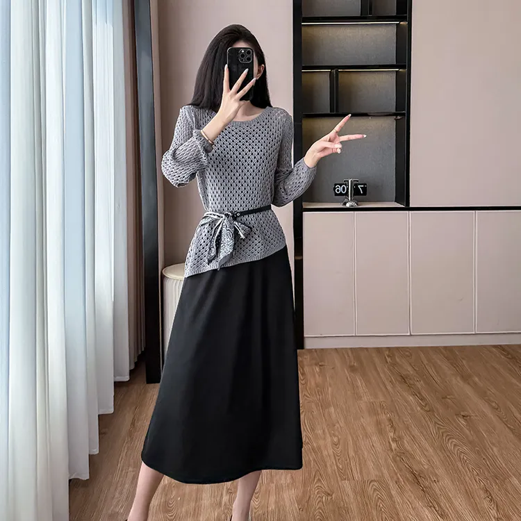 小个子外搭针织镂空罩衫搭配吊带连衣裙女秋冬气质修身时尚两件套