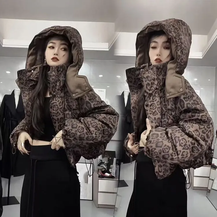 2025冬季新款网红爆款韩版时尚豹纹棉服女外套加厚保暖连帽短棉衣