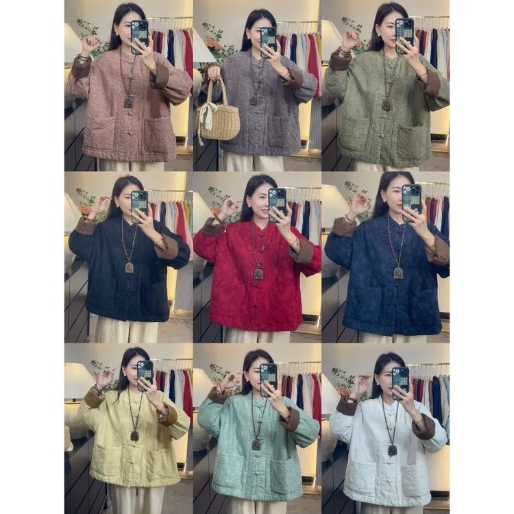 花汐语【冬之语】高品质亚麻提花中式盘扣精致女人棉服短外套女上衣