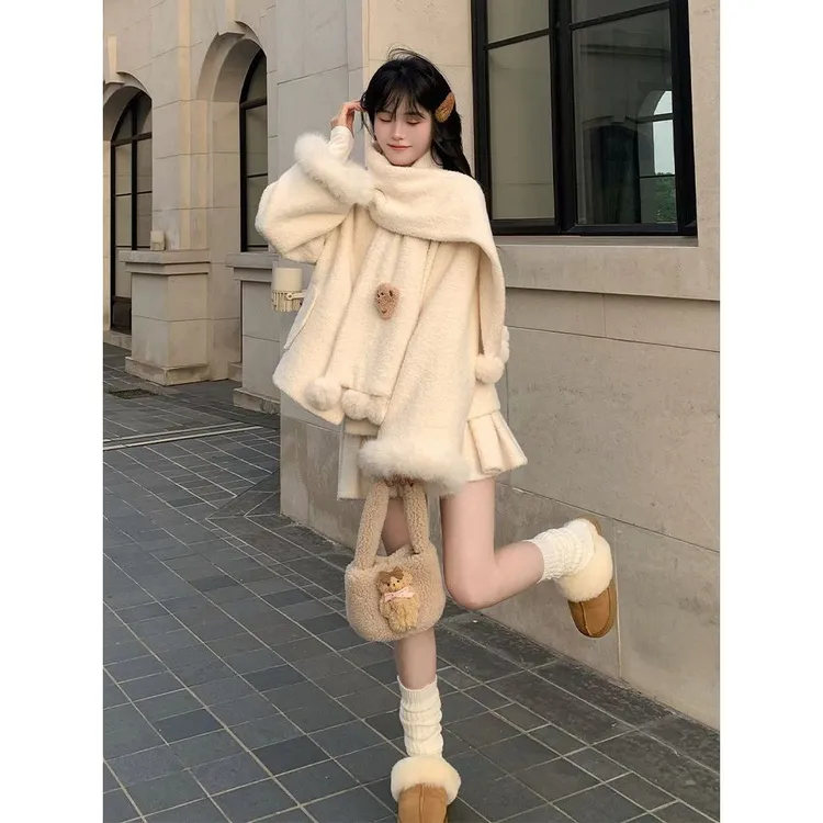 安纳茜童话 冬装新款日系甜美设计感绒球围巾毛绒绒外套半裙套装
