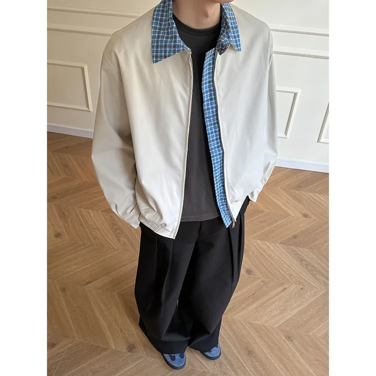 格子拼接假两件cleanfit外套男秋春季miu系穿搭巴恩风哈灵顿夹克