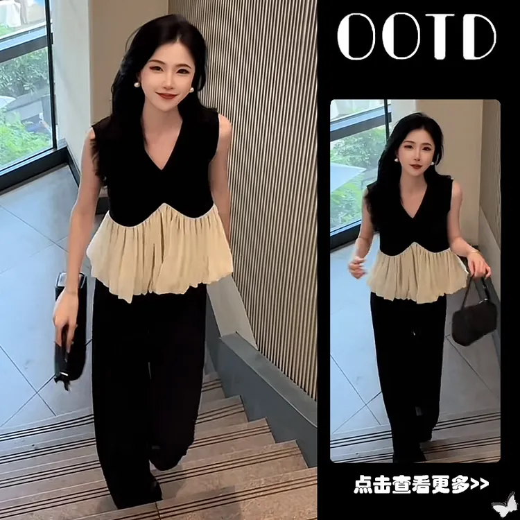 【现货】秋季穿搭一整套女2025新款韩版拼接无袖背心阔腿裤两件套装