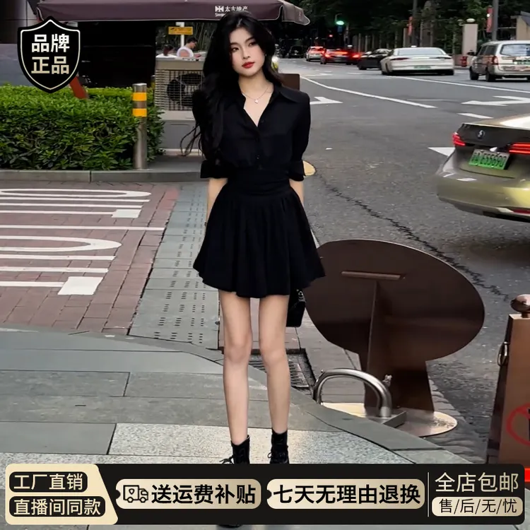 polo领黑色长袖衬衫连衣裙子女秋冬季2026新款气质高级感收腰短裙
