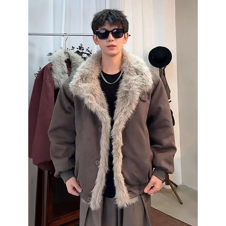 座山雕皮毛一体外套男款冬季美式加厚毛领棉服麂皮绒保暖工装夹克