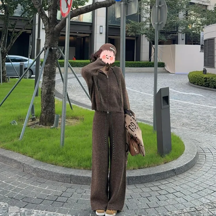 慢跑套装 简约休闲连帽长袖拉链外套松紧腰阔腿长裤秋季新款