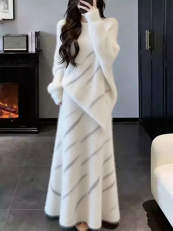 高级感轻熟温柔风显瘦气质针织衫女秋冬白色时尚休闲半身裙一整套