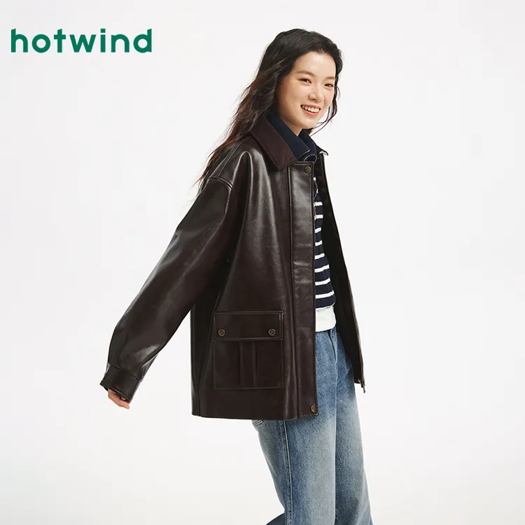 热风2025年秋季新款女士翻领中长仿皮夹克F07W25311