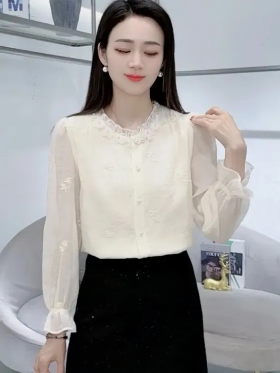 新中式圆领米白色薄款秋季蕾丝长袖刺绣衬衫女气质时尚国风上衣