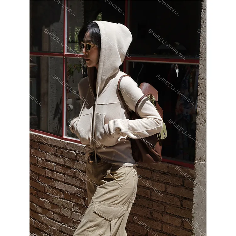 【时光蜕变】美式复古风棉质弧形下摆连帽拉链卫衣W884C