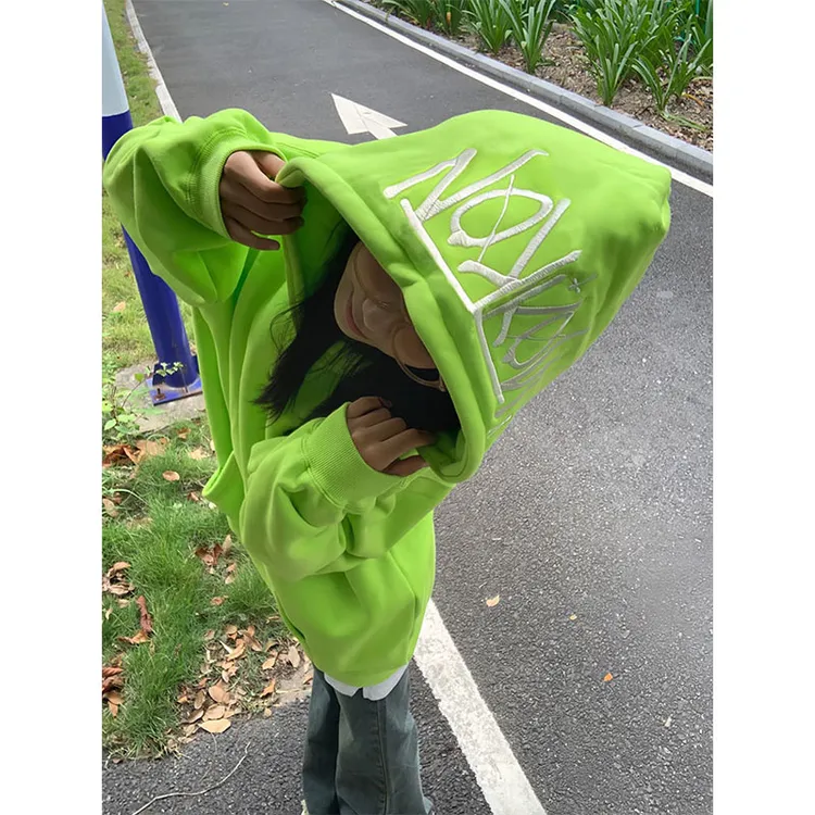 秋冬必备！荧光绿色字母刺绣连帽卫衣女秋冬加绒加厚宽松外套上衣