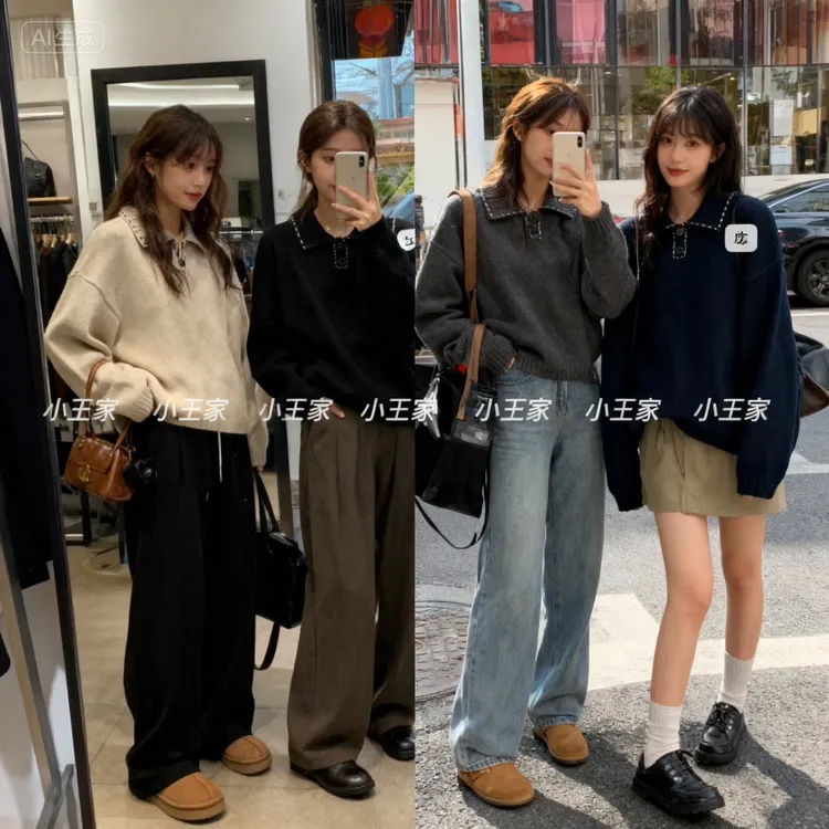 小王家韩版时尚宽松百搭套头polo刺绣毛衣百搭秋季纯色慵懒风ins