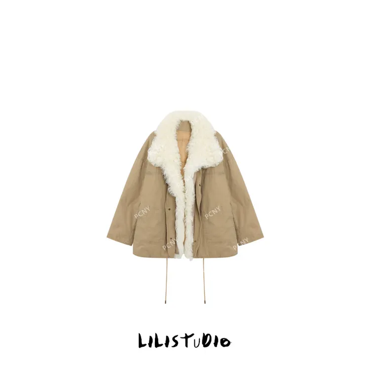 PCNY「藏蓝卷绒」不理理冬季新款小众女装宽松毛领夹克保暖鹅绒服