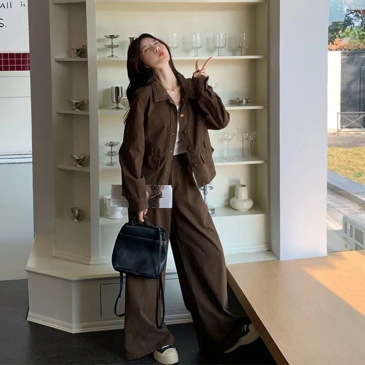 甜酷干练工装风牛仔套装裤2025春秋新款小众设计感韩系通勤两件套