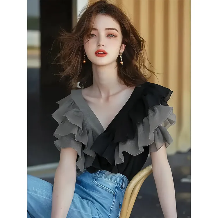 女士夏季法式荷叶边V领短袖衬衫独特别致绝美小衫