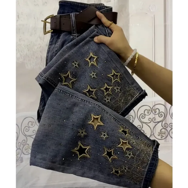 2025夏季新款重工烫钻刺绣镂空牛仔裤女薄款显瘦高腰哈伦老爹裤潮