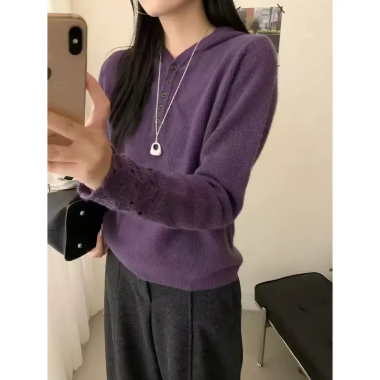 /烟紫钩花帽衫/厚实软糯镂空袖口纯色帽衫 胸围52衣长56 6087