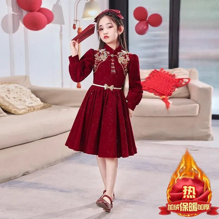 女童中国风连衣裙加绒秋冬款2026新款儿童公主裙冬季拜年红色礼服