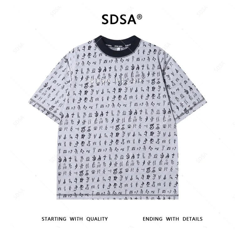 夏季高级感新款男士撞色磨破印花字母短袖T恤百搭休闲圆领上衣