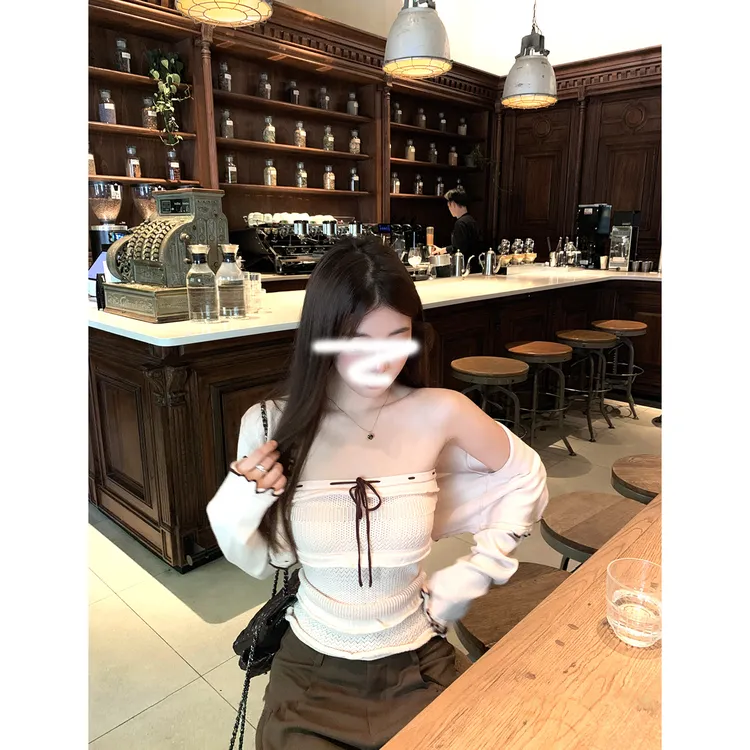洛克奶芙木耳边针织开衫上衣女早秋系带抹胸吊带背心套装辣妹